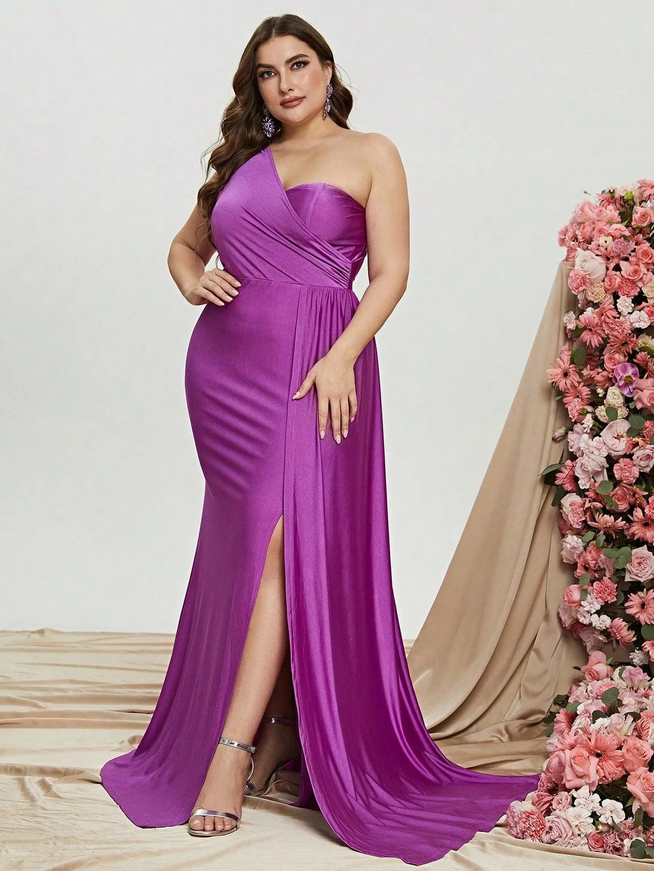 Plus One Shoulder Draped Side Split Thigh Formal Dress