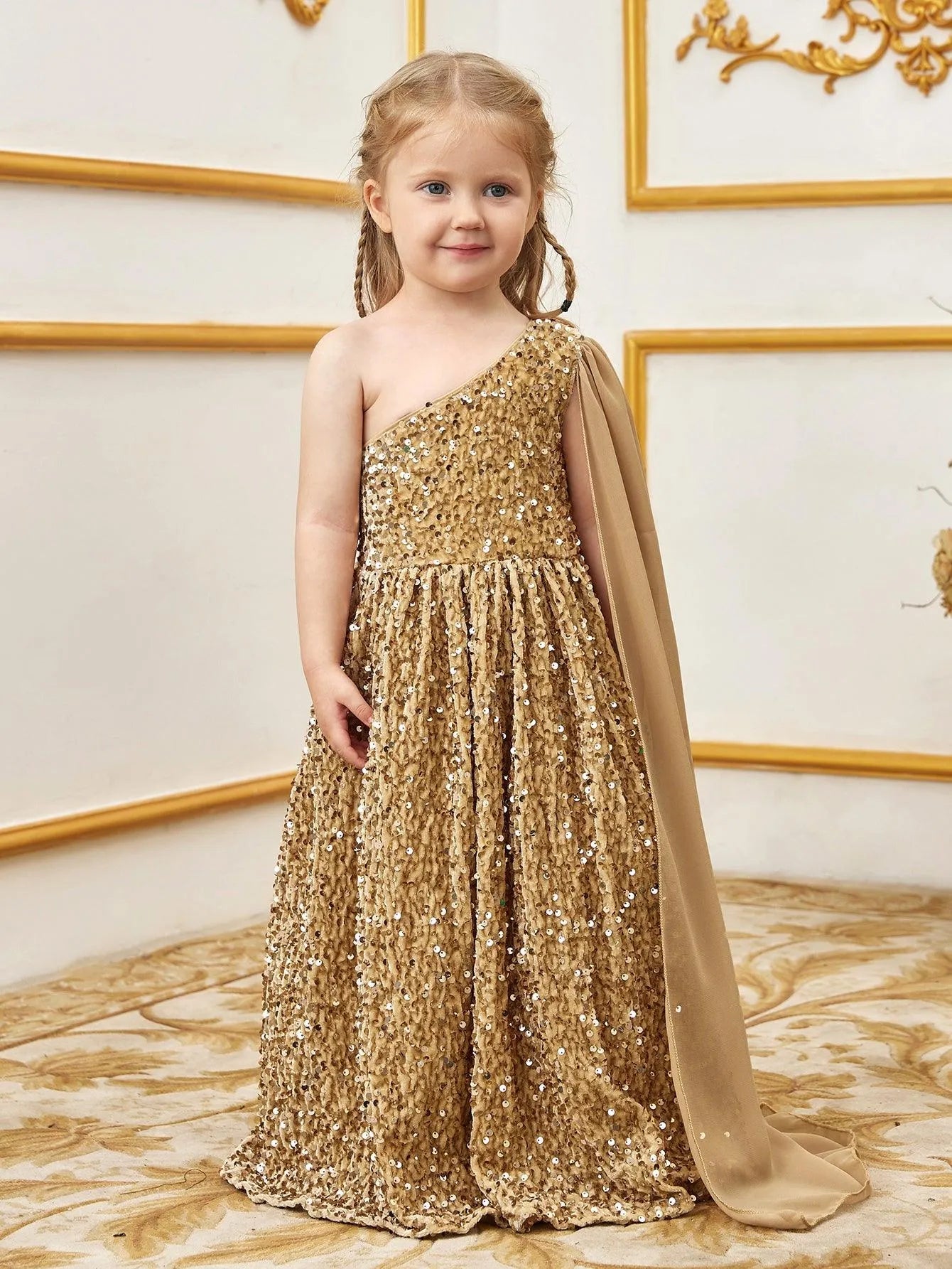 Young Girls' One Shoulder Draped Side Sequin A Line Dress