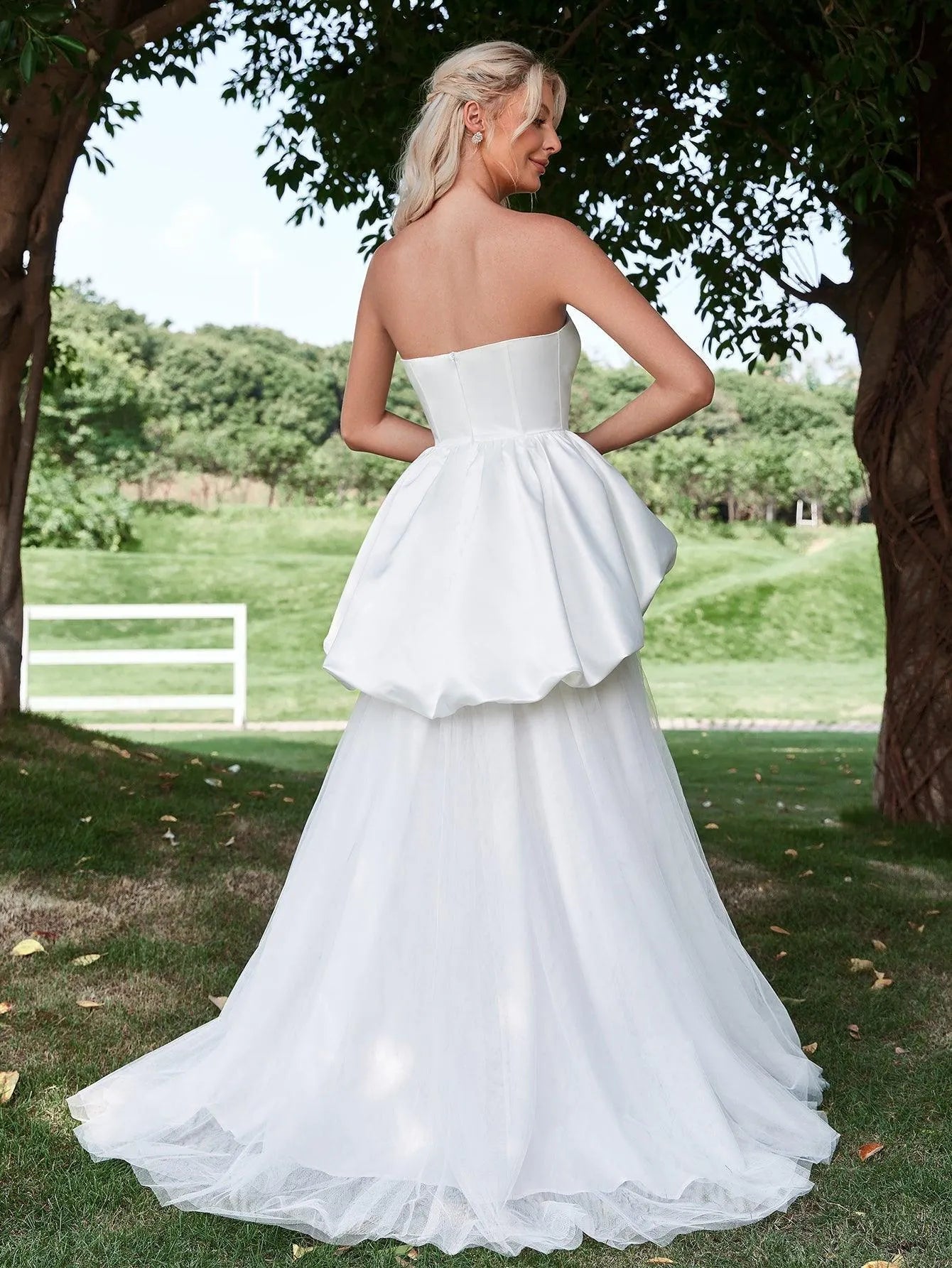 Ruffle Trim Mesh Overlay Satin Tube Wedding Dress