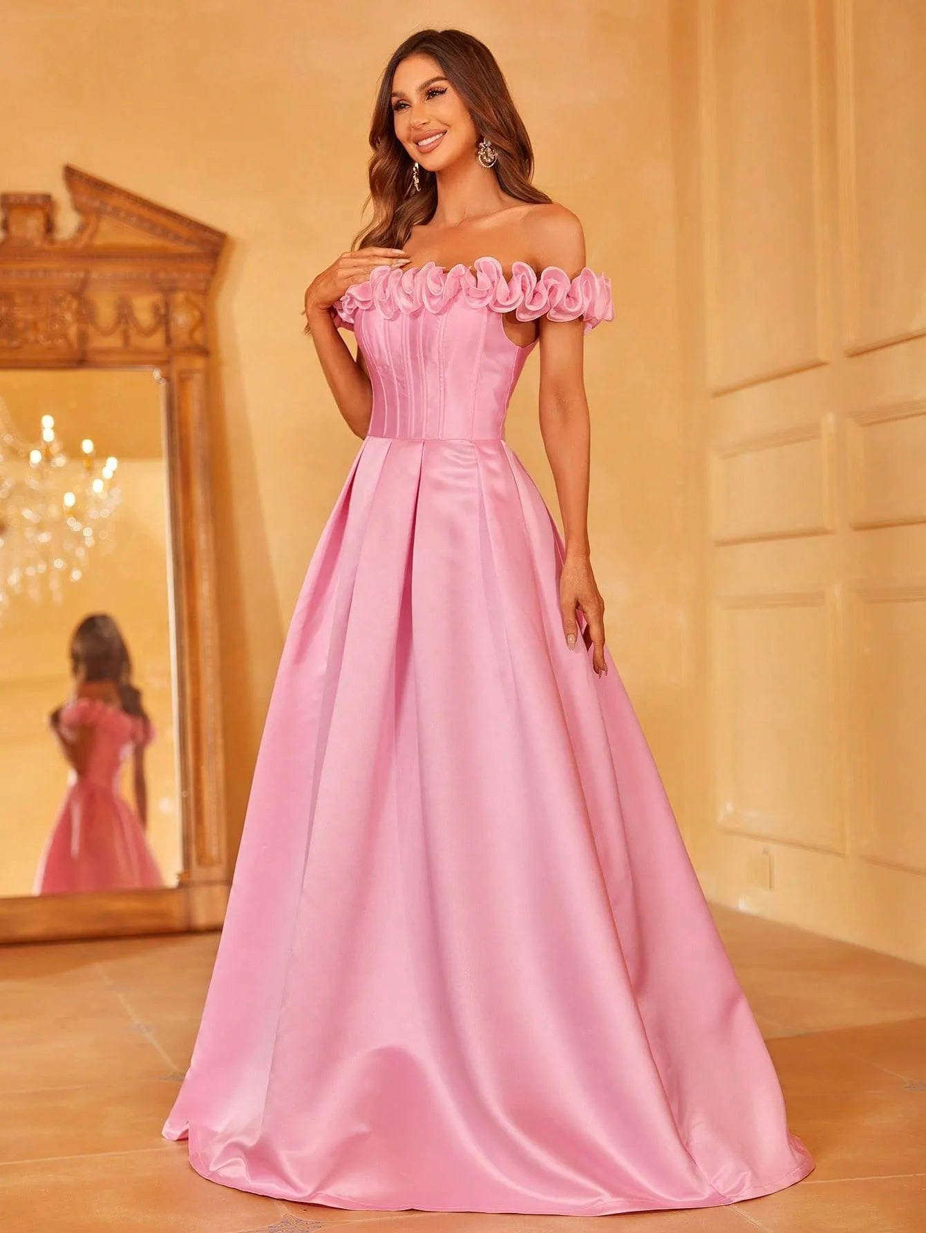 Off Shoulder Ruffle Trim Satin Prom Dress