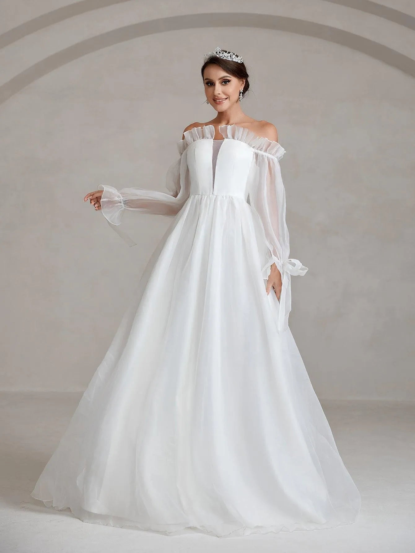 Ruffle Trim Off Shoulder Flounce Sleeve A Line Wedding Dress