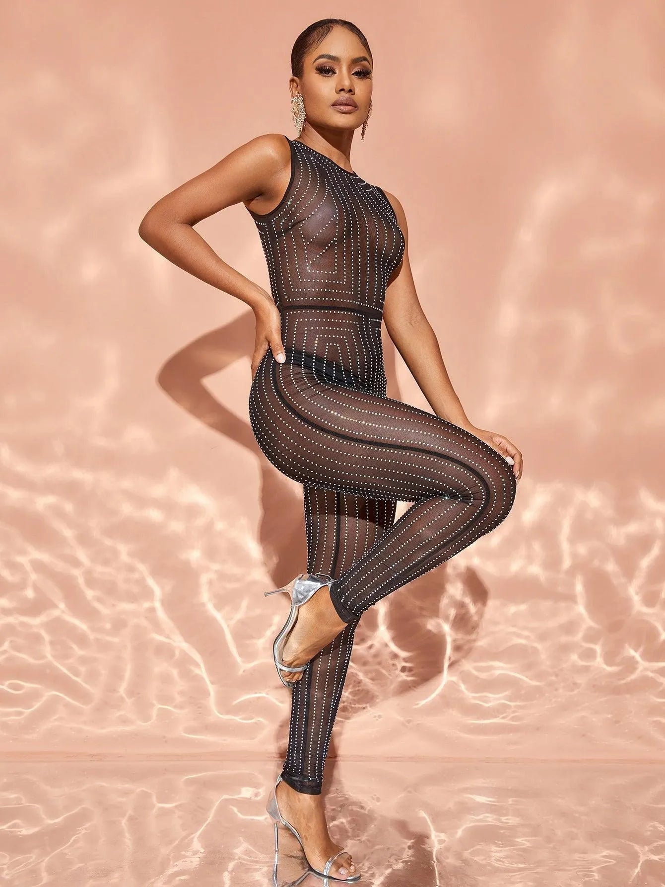 Chic Rhinestone Detail Sleeveless Sheer Mesh Jumpsuit