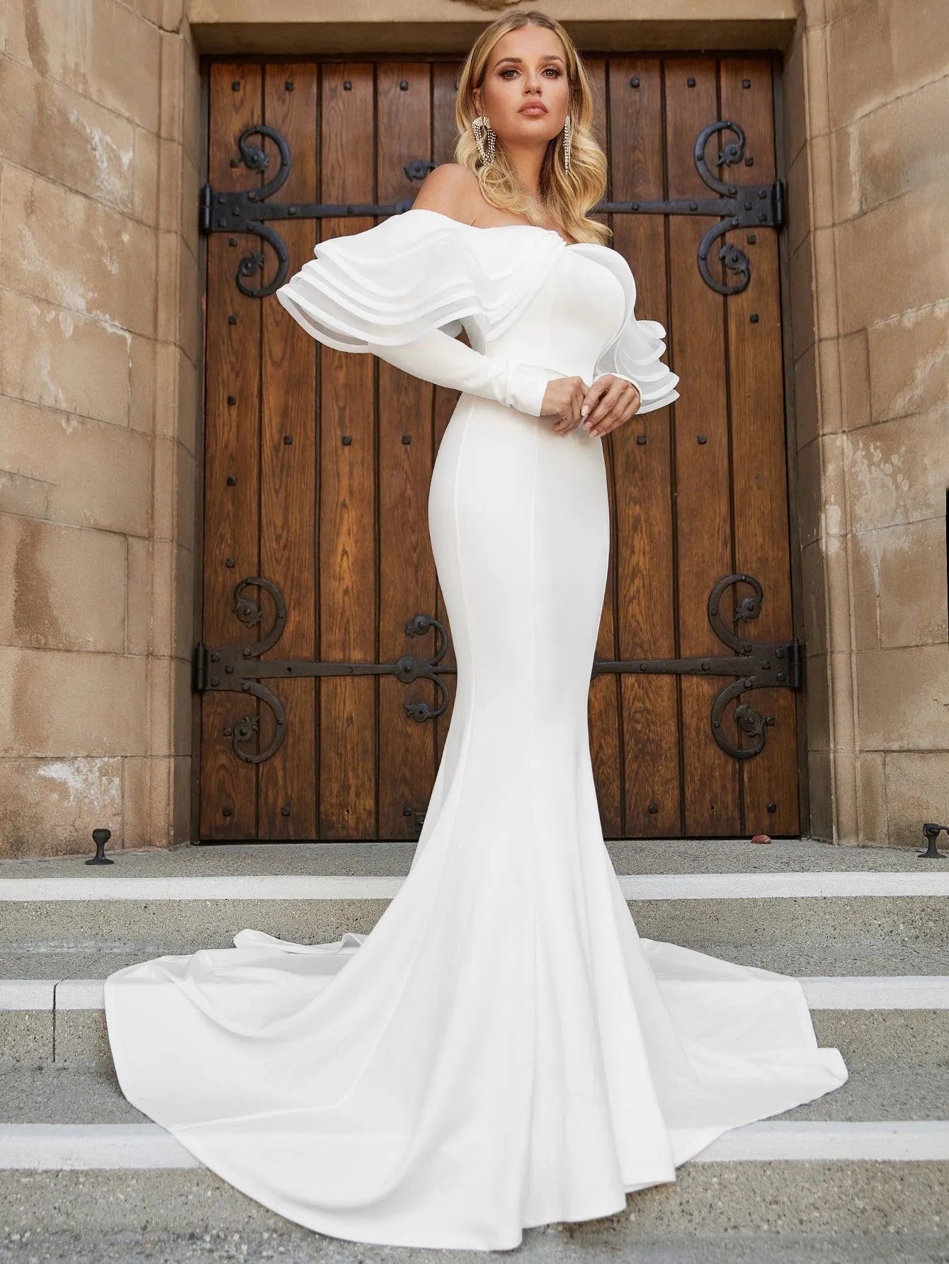 Off-Shoulder Wedding Dress With Dramatic Ruffle Detailing