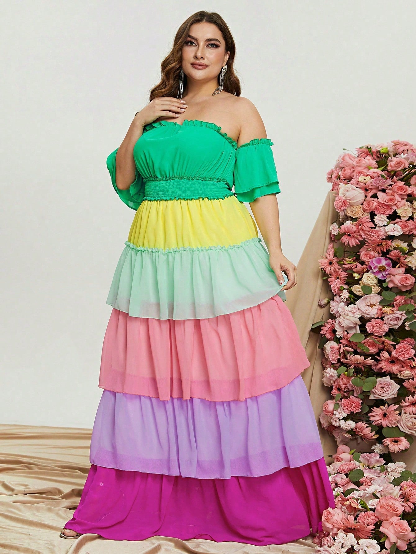 Plus Off Shoulder Ruffle Sleeve Color Block Chiffon Layered Dresses