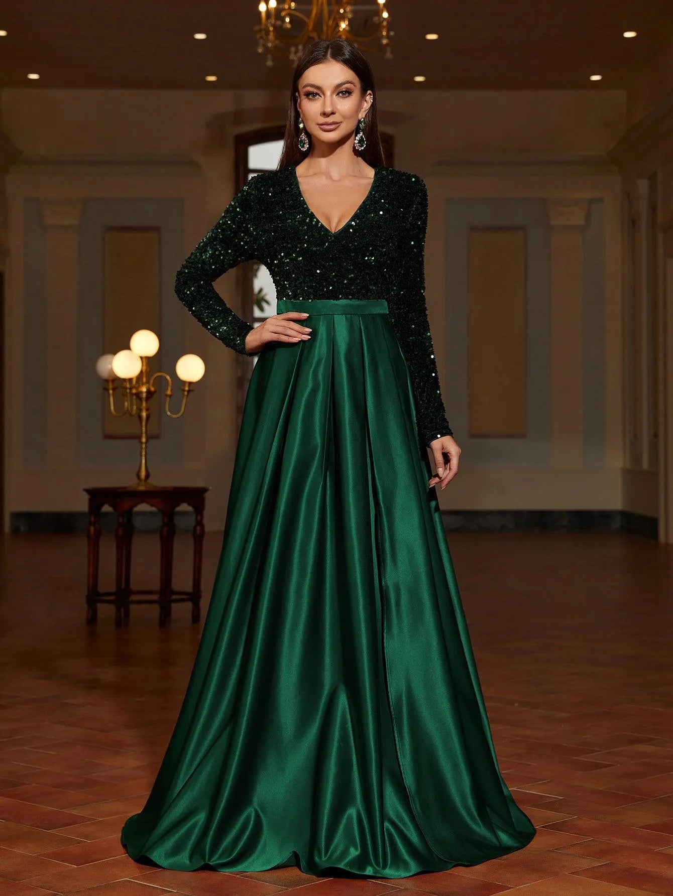 Plunging Neck Contrast Satin Sequin Formal Dress