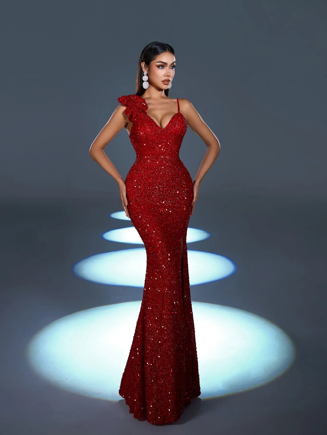 Elegant Asymmetrical Straps Split Mermaid Hem Sequin Evening Dress