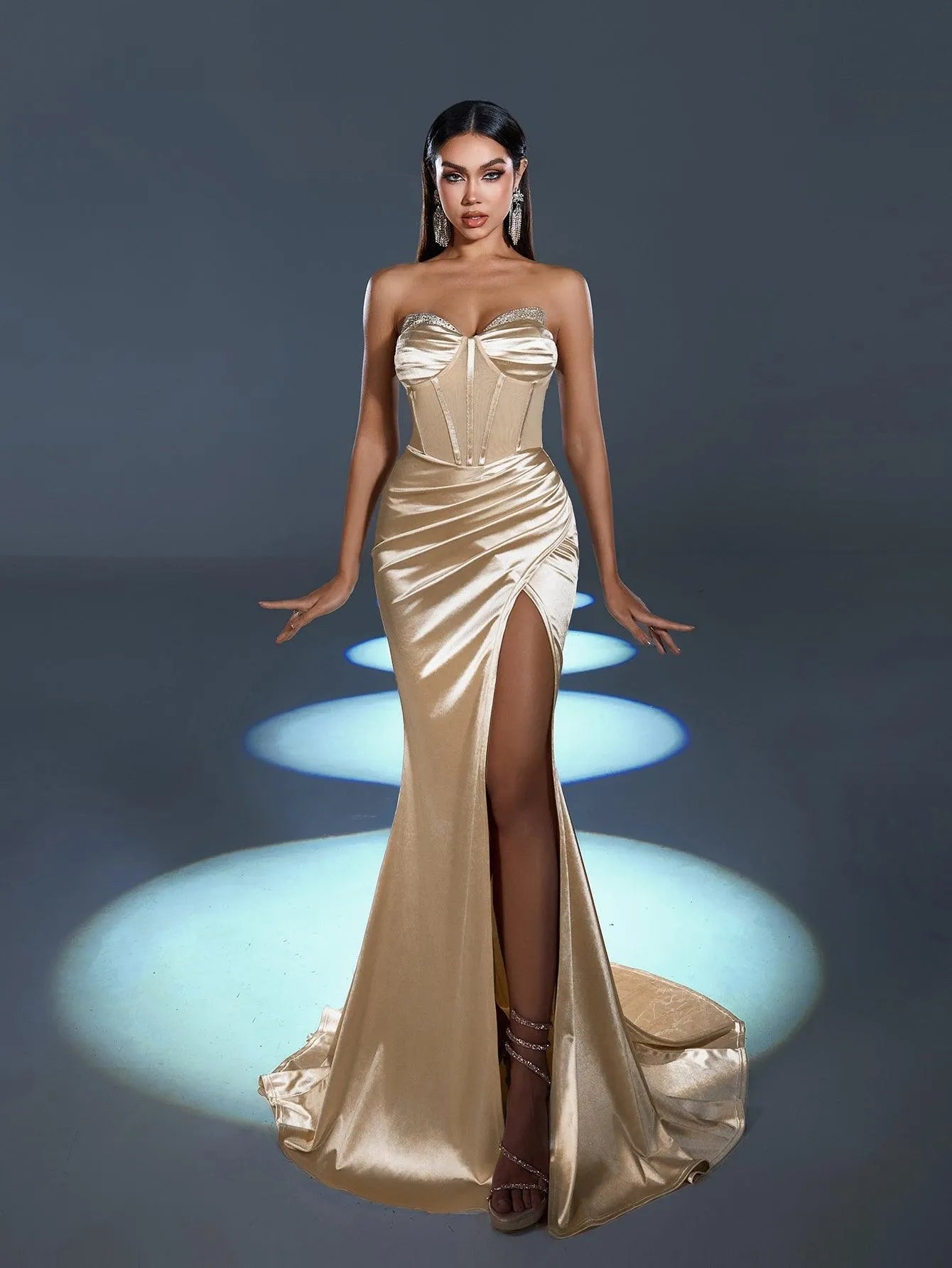 Ruched Bustier Wrap Hem Satin Mermaid Dress