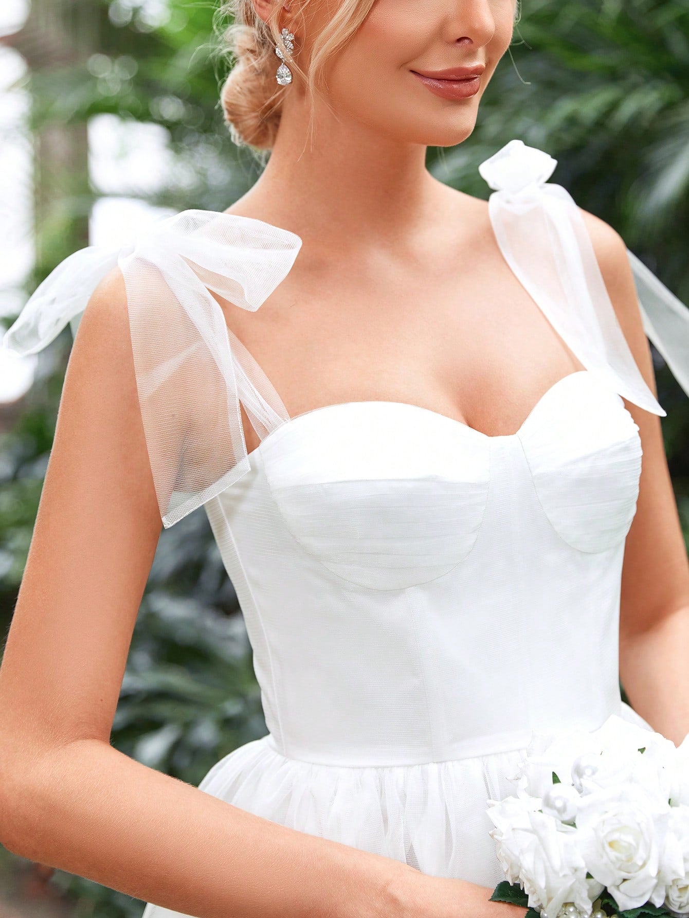 Tie Shoulder Ruffle Hem Mesh Wedding Dress