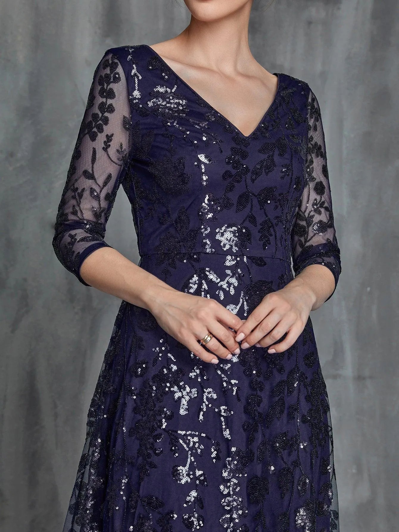 Womens' 3/4 Sleeves Floral Sequin Pattern Formal Dress