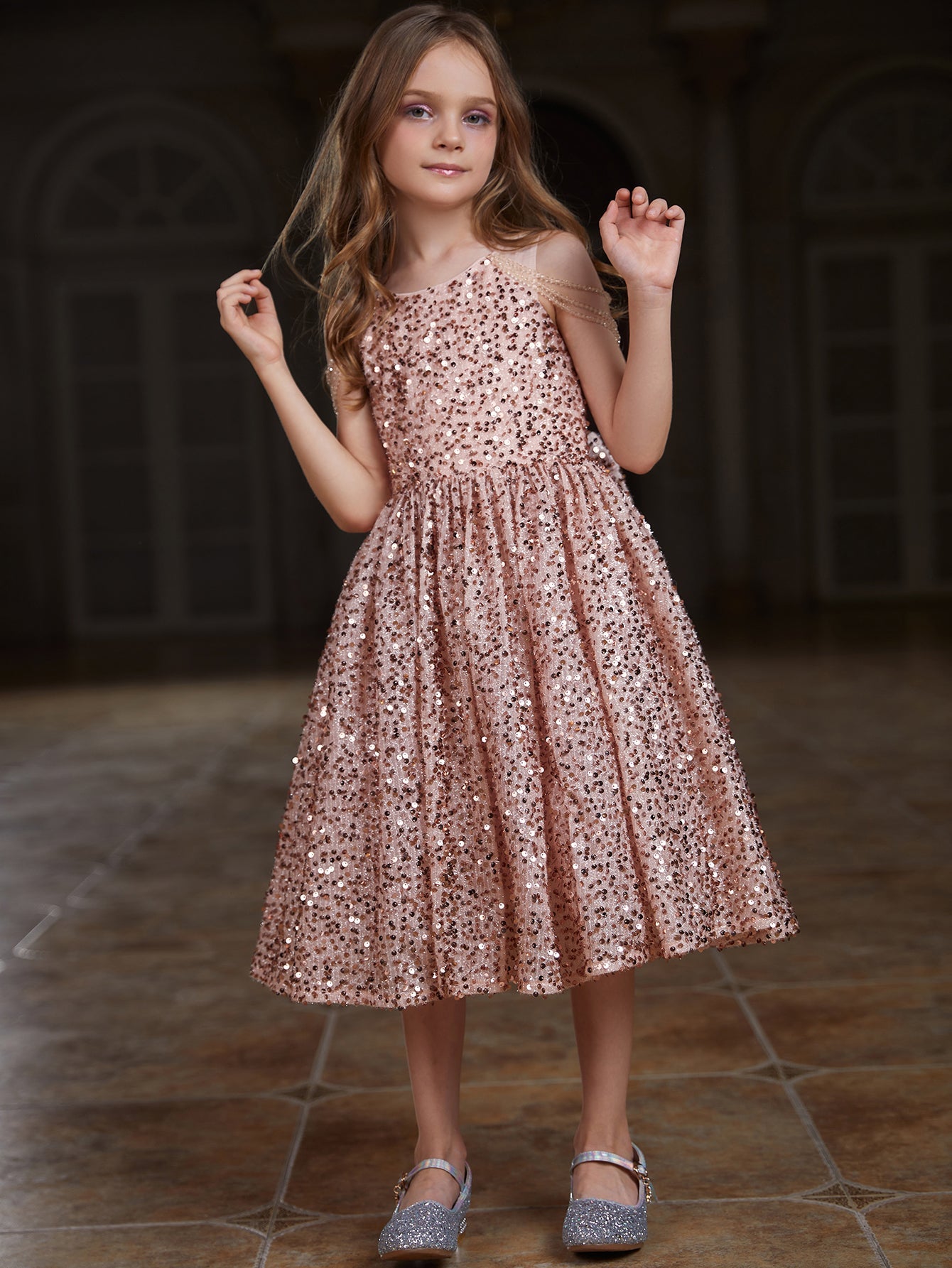 Girl's Chain Detail Sequin Midi Party Dress