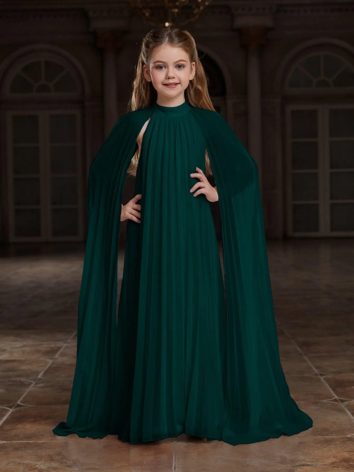 Tween Girls' Mock Neck Extra-Long Sleeves Pleated Chiffon Dress