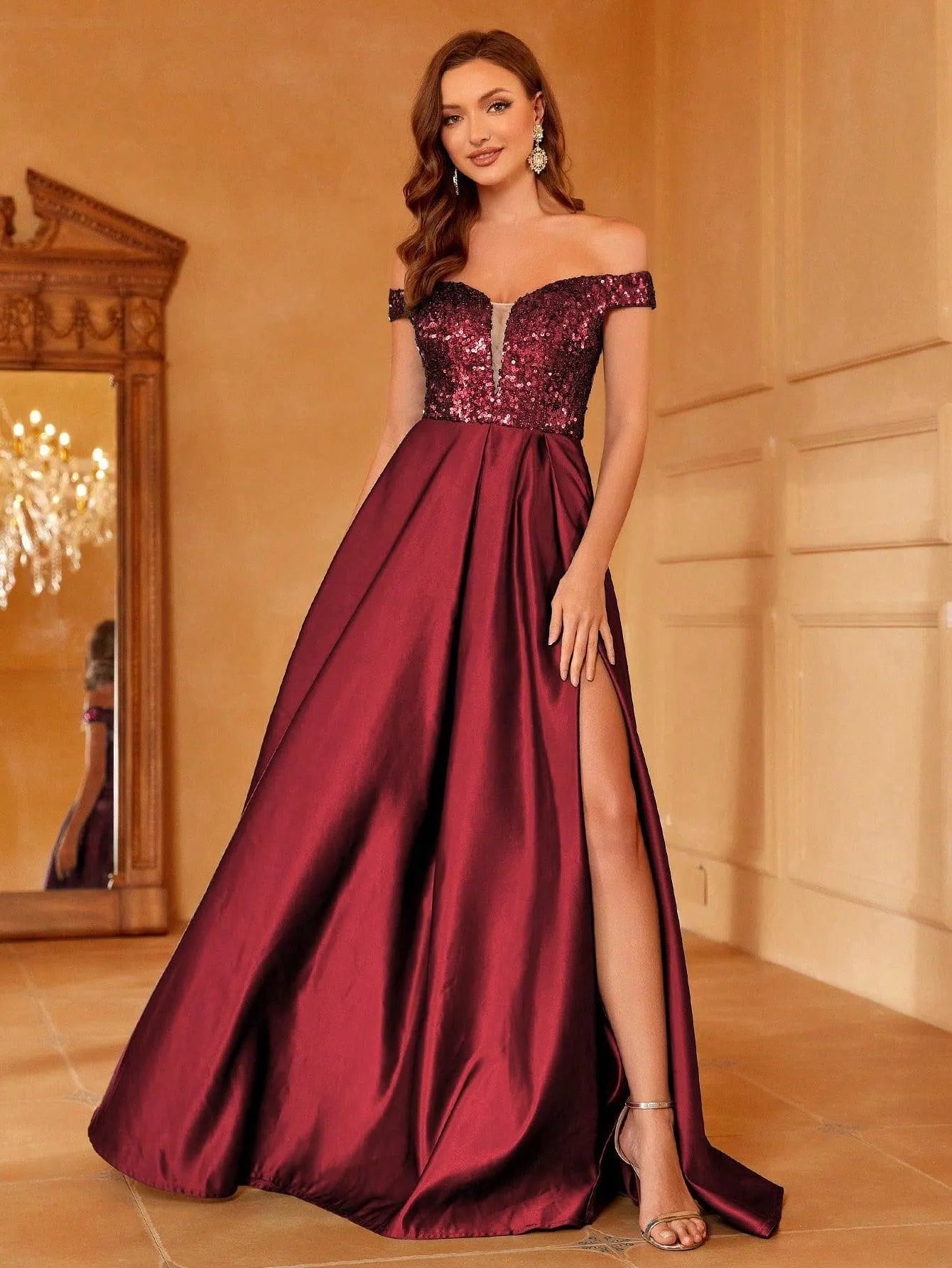 Off Shoulder Contrast Sequin Satin Prom Dress