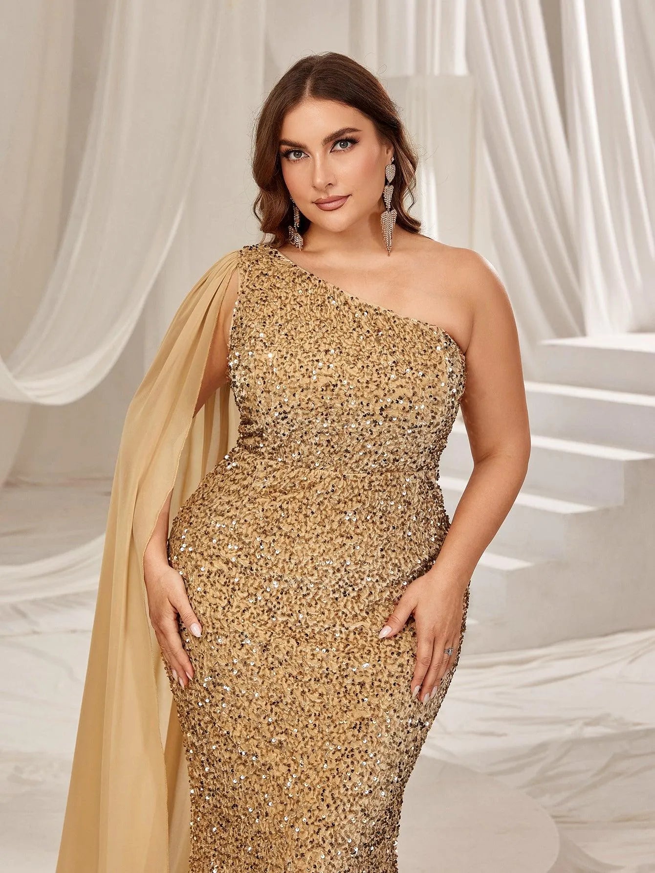 Plus One Shoulder Draped Side Sequin Mermaid Dress