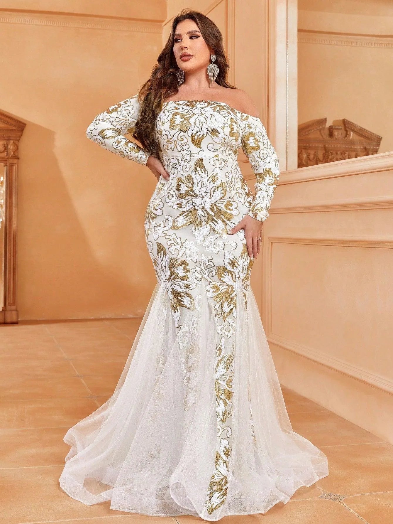 Plus Off Shoulder Long Sleeve Floral Sequin Mermaid Dresses