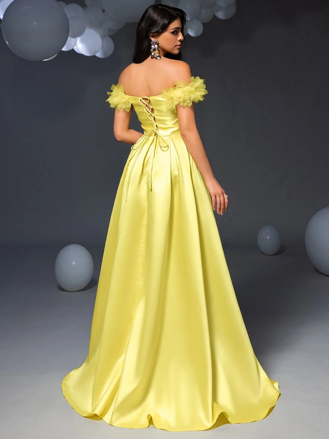 Elegant Off Shoulder Ruched Front Split Satin Prom Dress