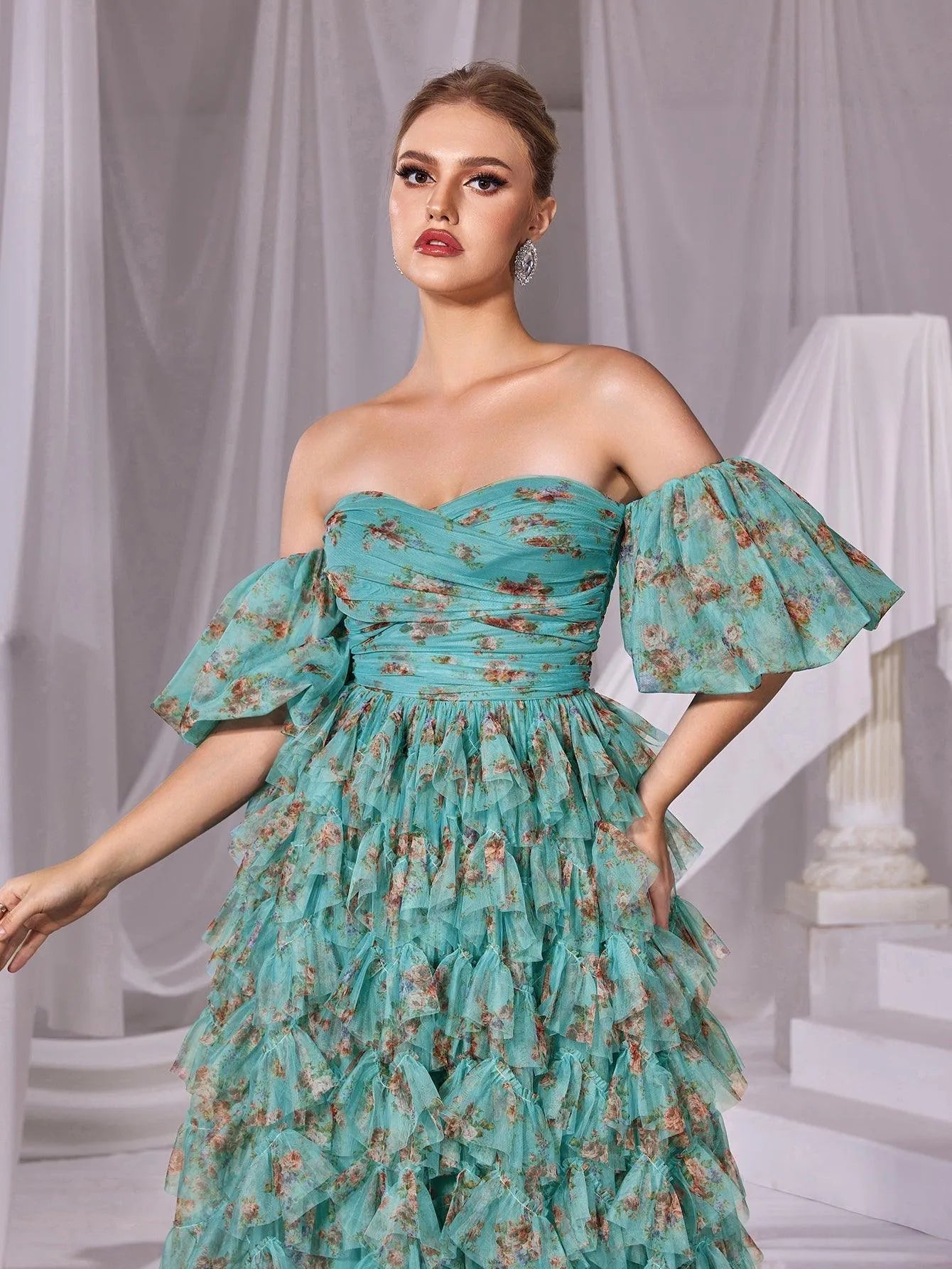 Floral Printed Off Shoulder Puff Sleeves Cake Prom Dress