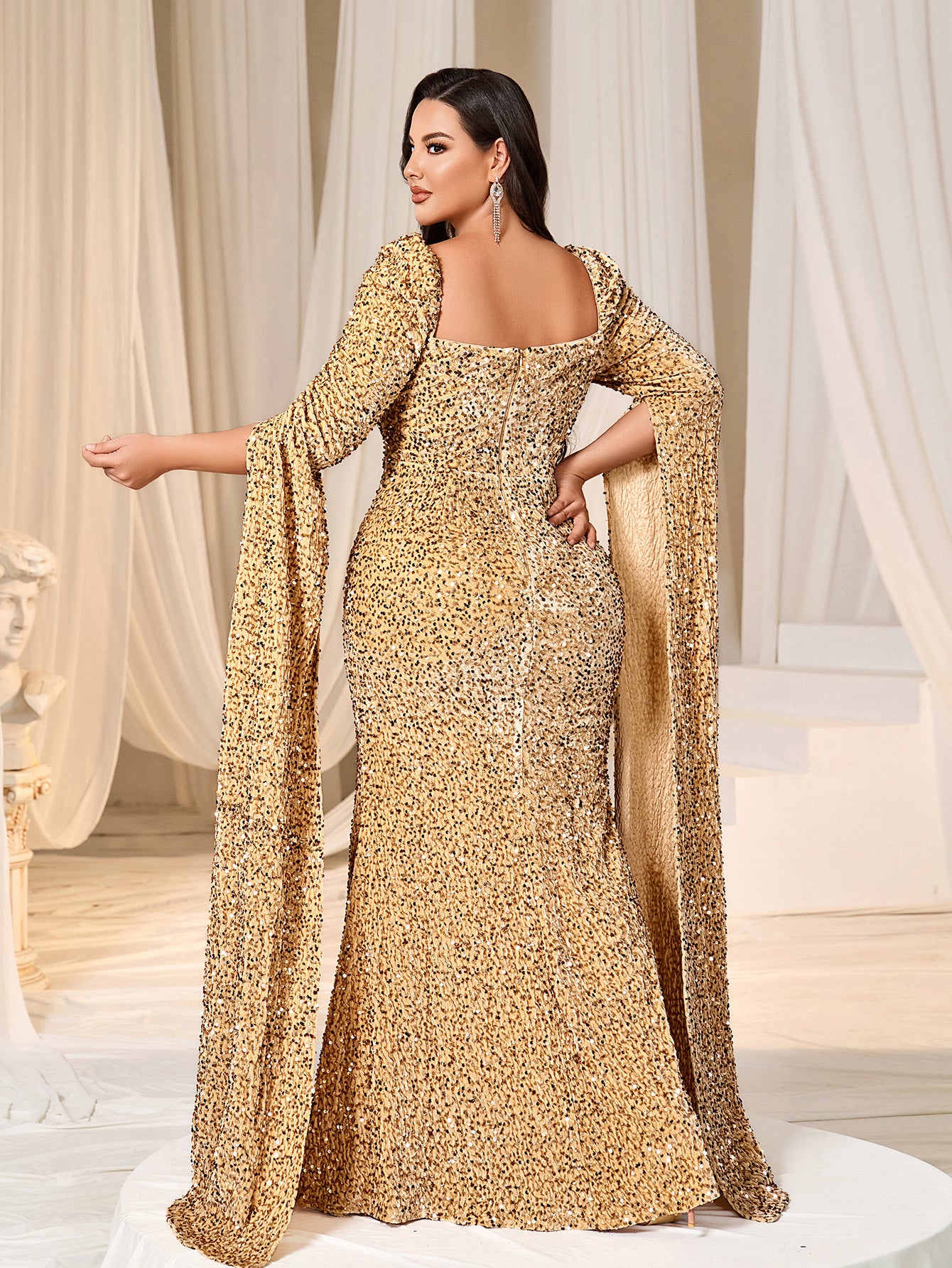 Plus Sweetheart Neck Extra-Long Sleeves Sequin Evening Dress