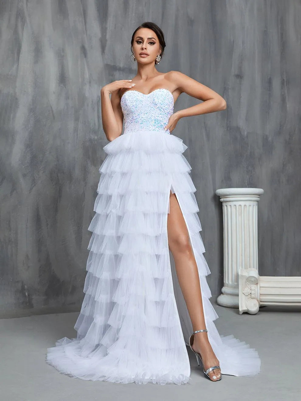 Sequin Bodice Contrast Cascading Ruffle Wedding Dresses