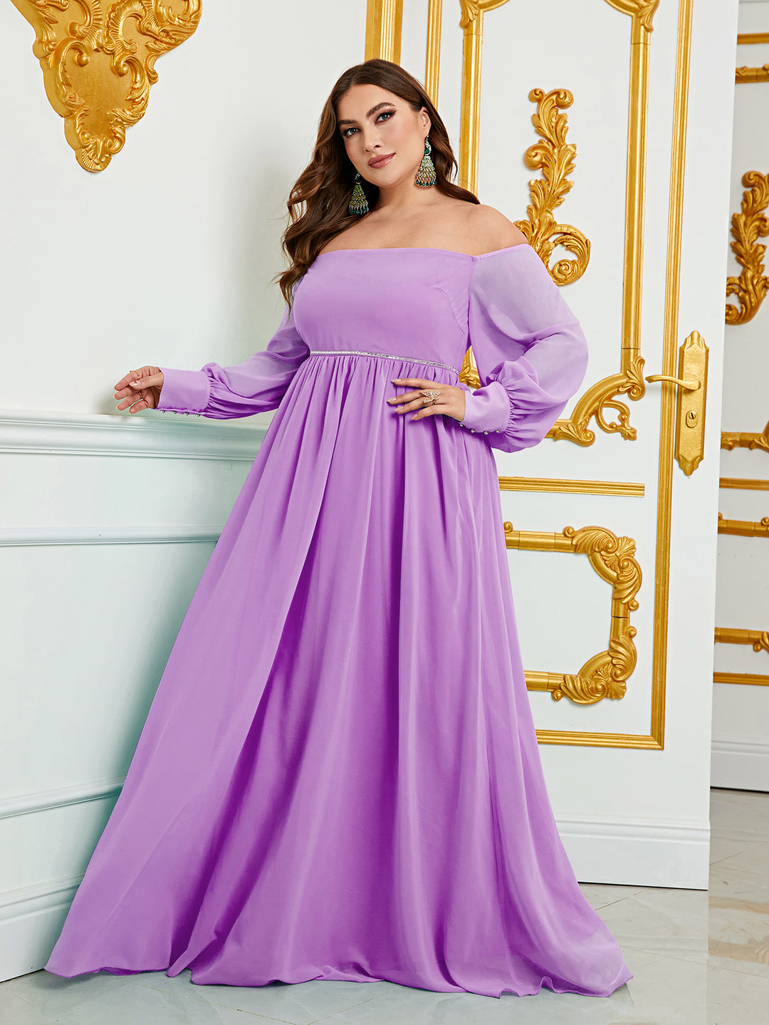 Plus Size Elegant Off Shoulder Long Sleeve Chiffon A Line Dresses