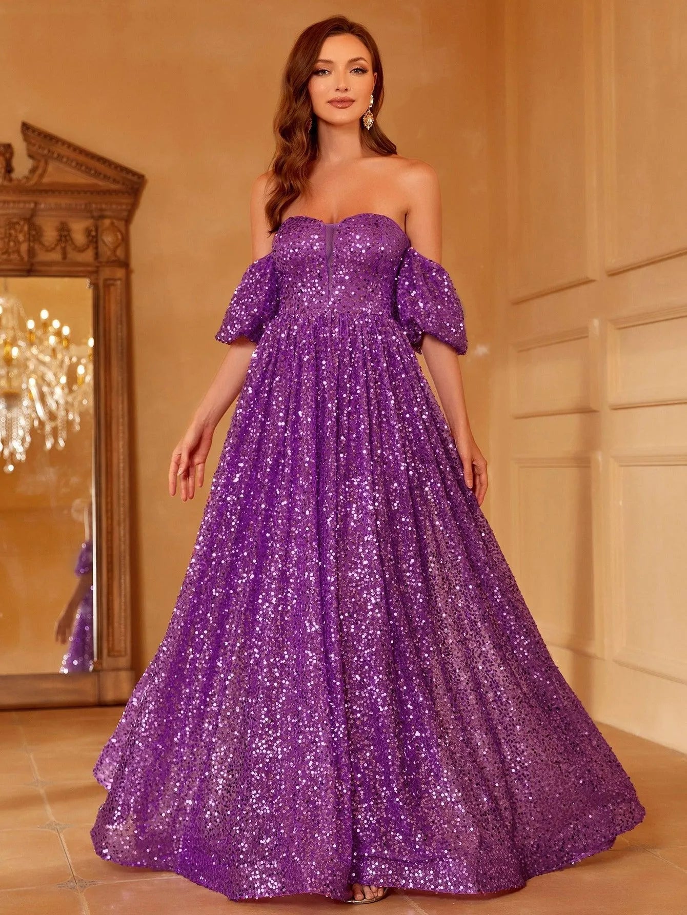 Off Shoulder Puff Sleeve Sequin A Line Dresses