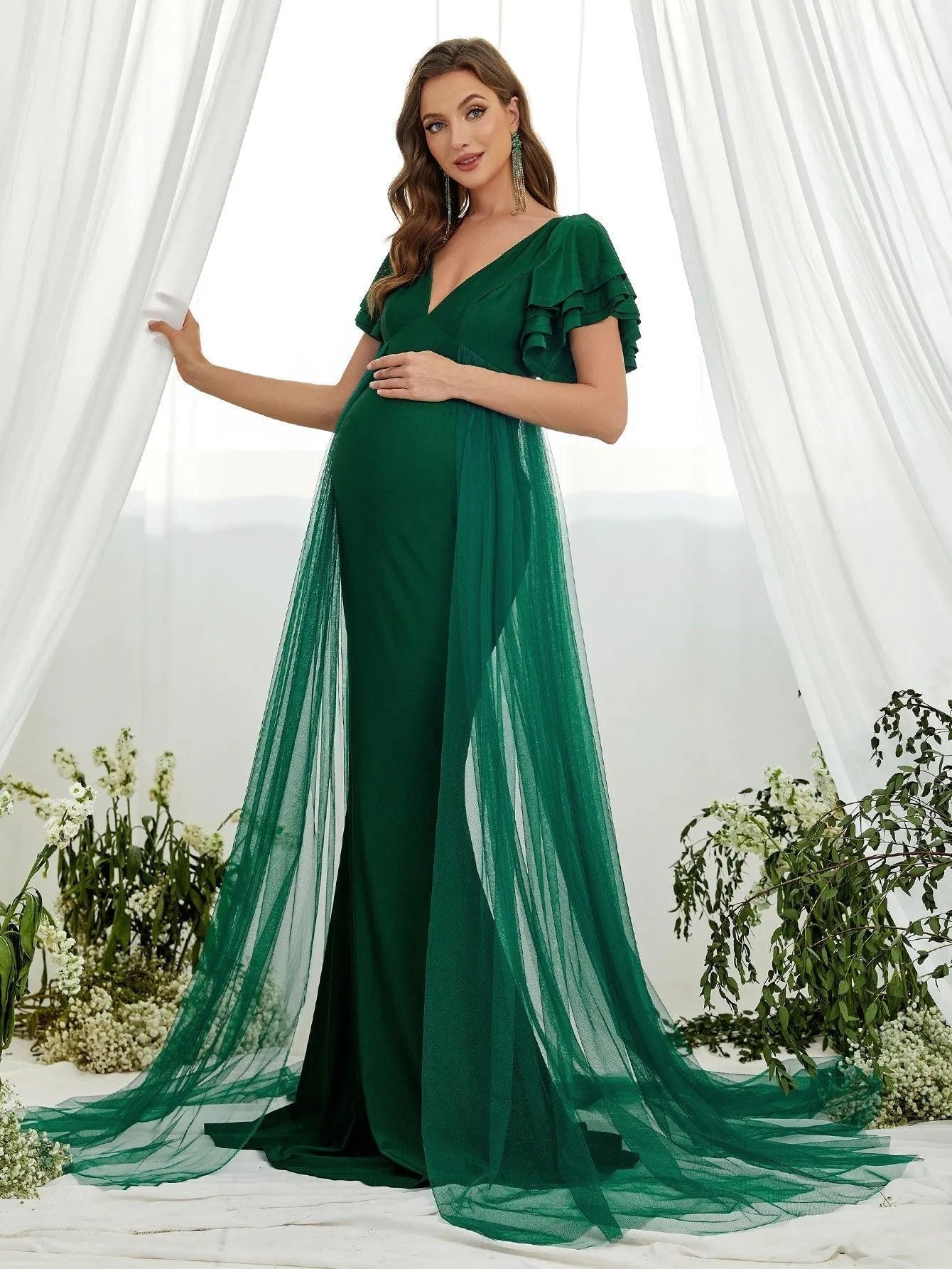 Maternity Plunging Neck Layered Ruffle Sleeve Mermaid Dress