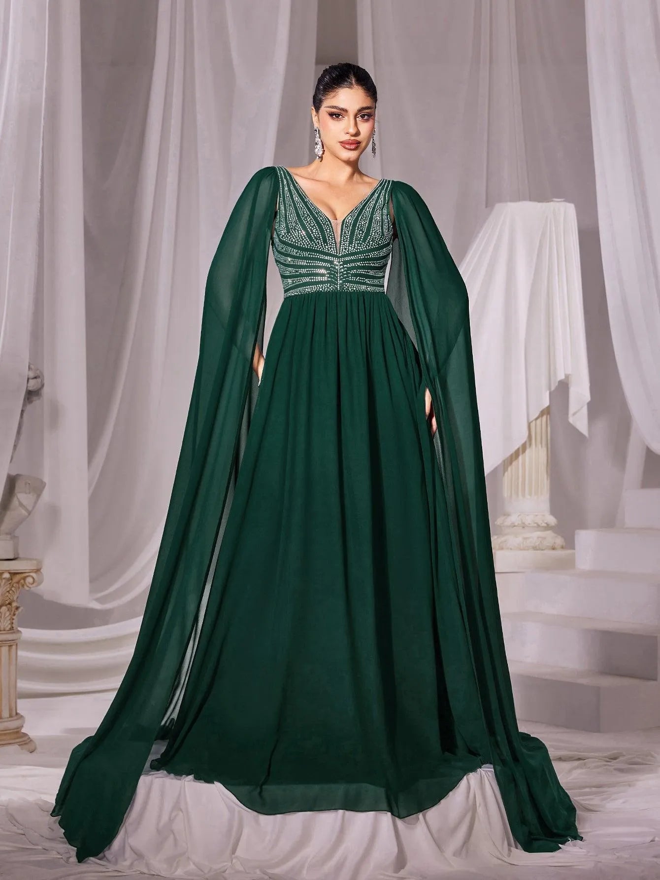 Rhinestone Detail Cape Sleeves Chiffon Evening Dress