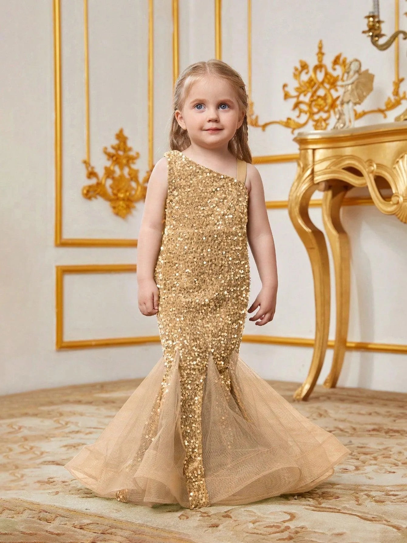 Young Girls' Mesh Insert Mermaid Hem Sequin Dress