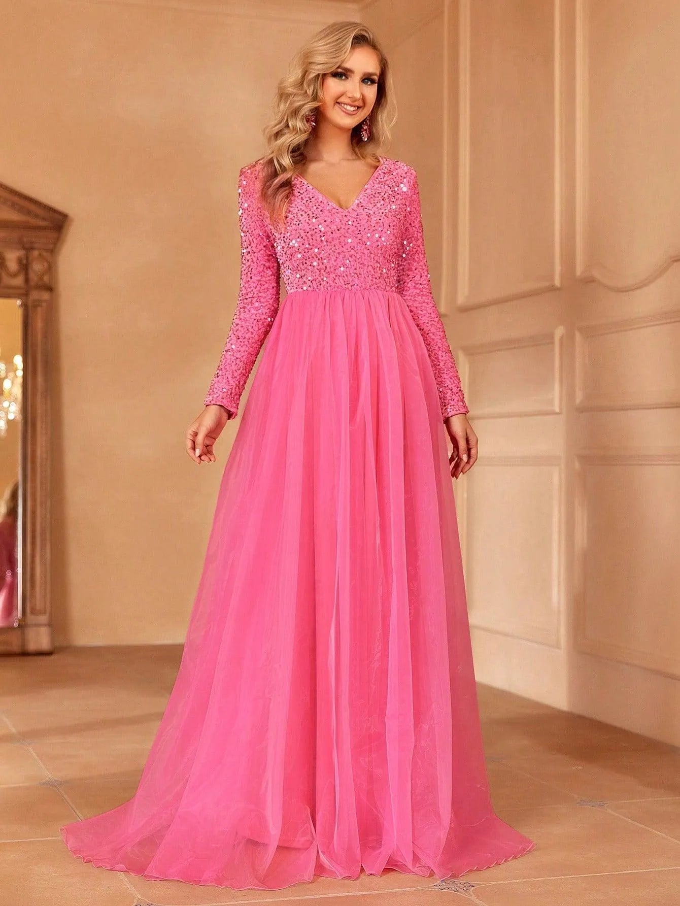 Classic Long-Sleeved V-Neck Formal Dress