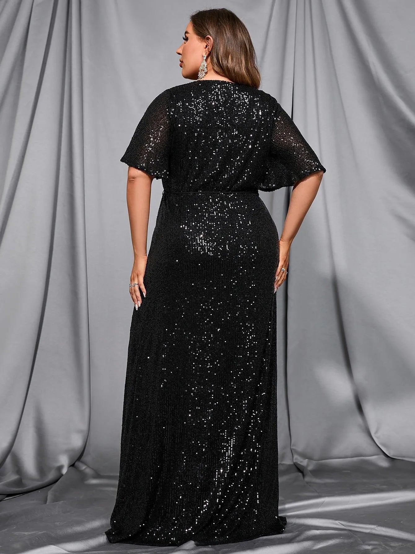 Plus Butterfly Sleeve Sequin Prom Dress