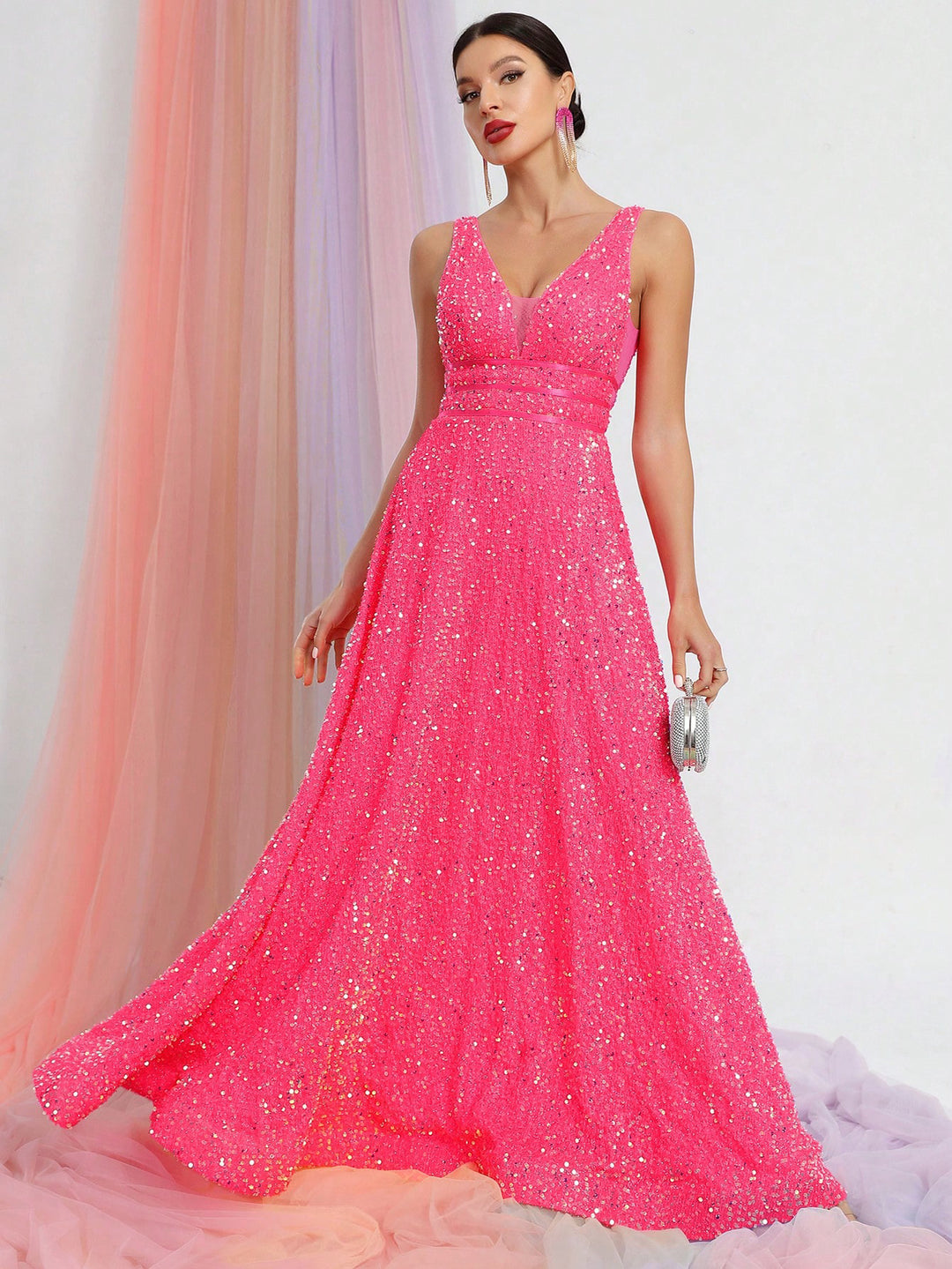 Elegant V Neck Sleeveless Sequin A-line Dresses