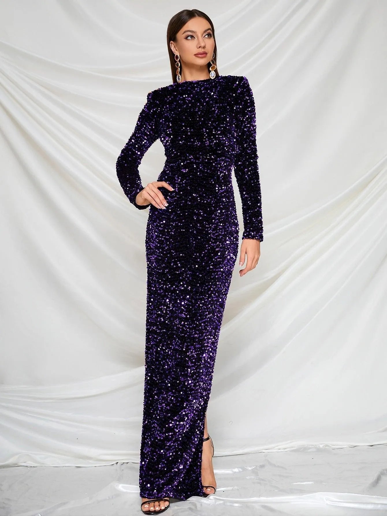 Mock Neck Long Sleeve Split Hem Sequin Dress