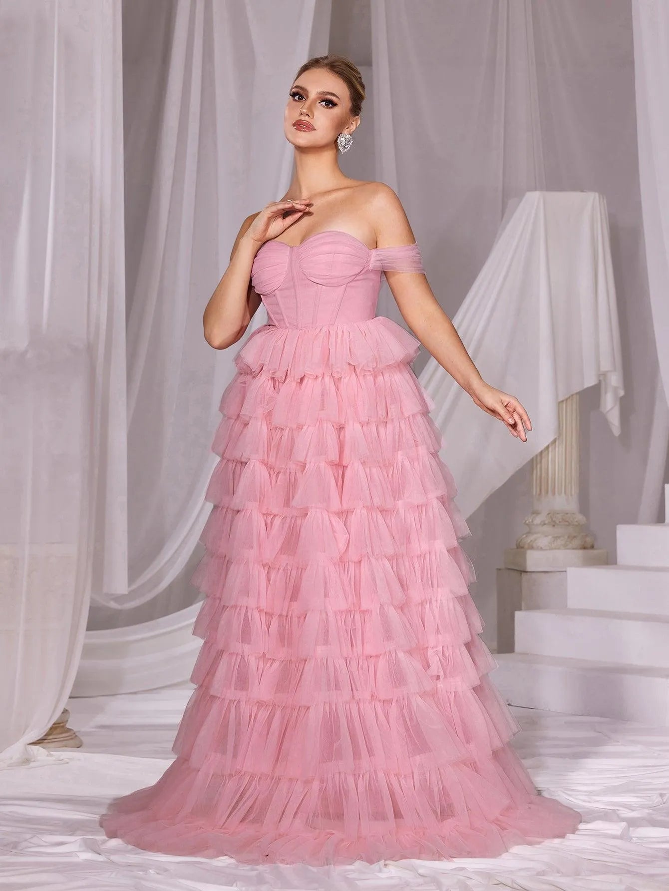 Off Shoulder Mesh Layered Hem Cake Prom Dress