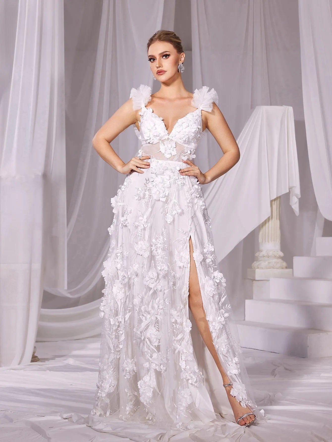 Floral Applique Plunging Neck Split Mesh Wedding Dress