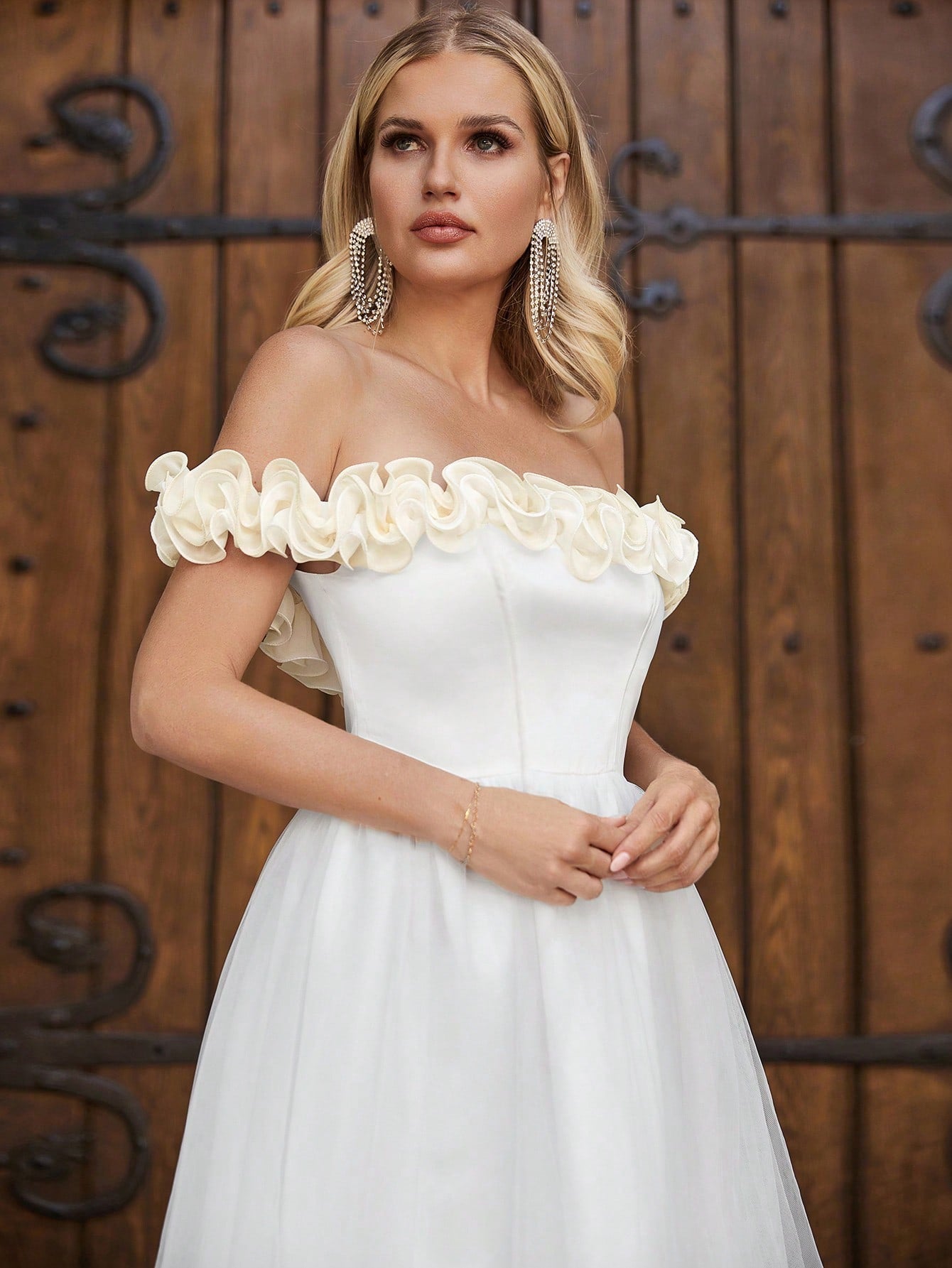 Off Shoulder Satin Bodice Contrast Organza Hem Wedding Dresses