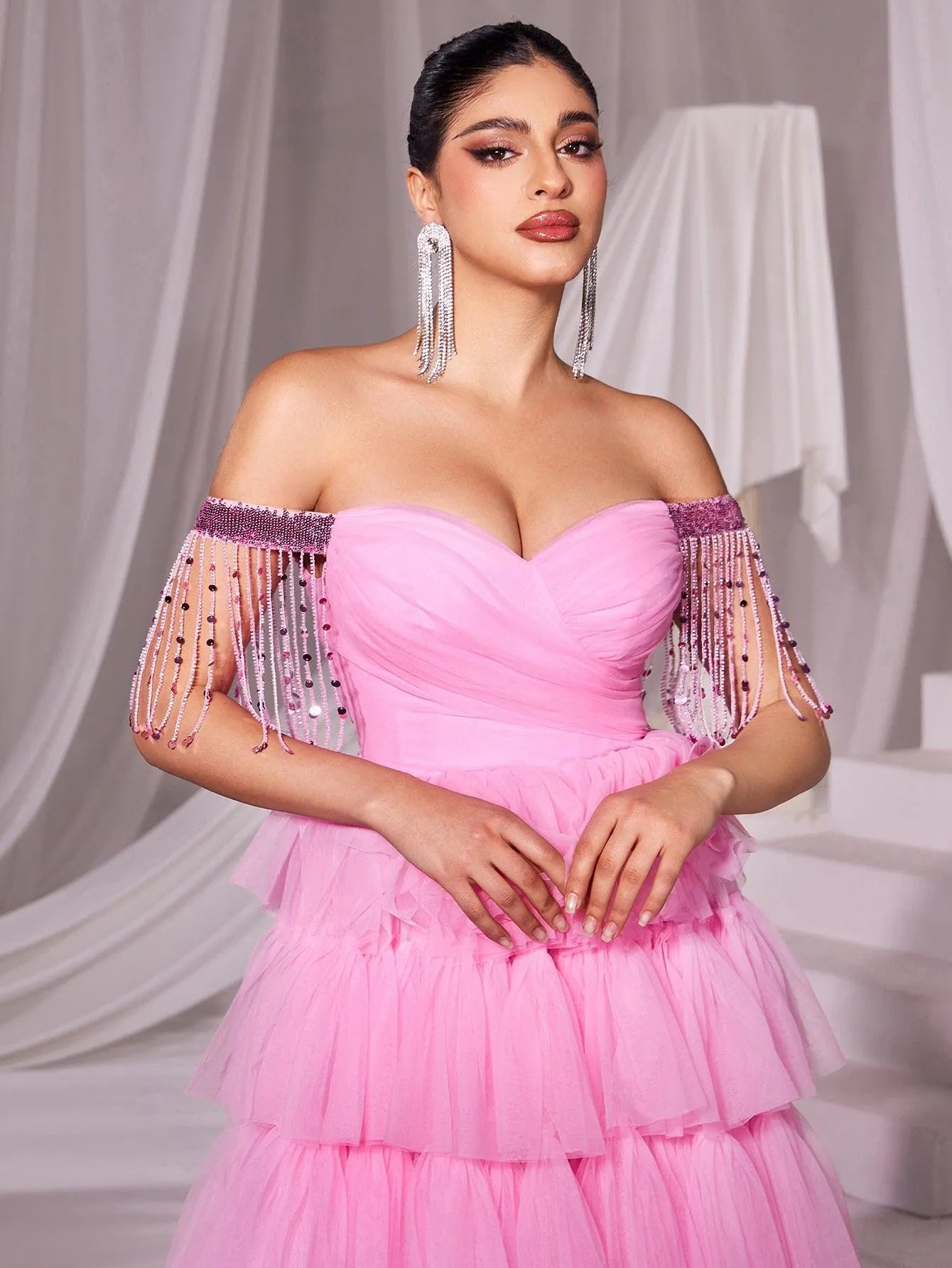 Off Shoulder Fringed Sleeves Mesh Cake Dress