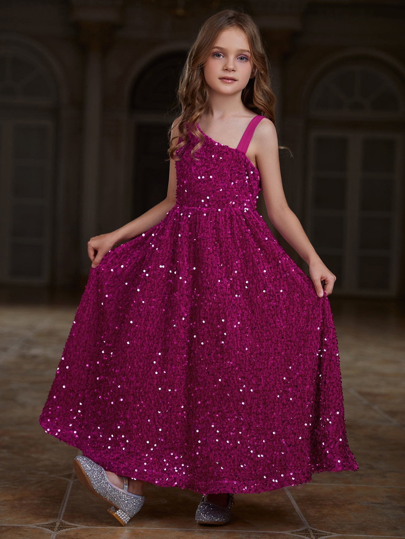 Tween Girls' Asymmetrical Neckline Sleeveless Sequin Party Dress