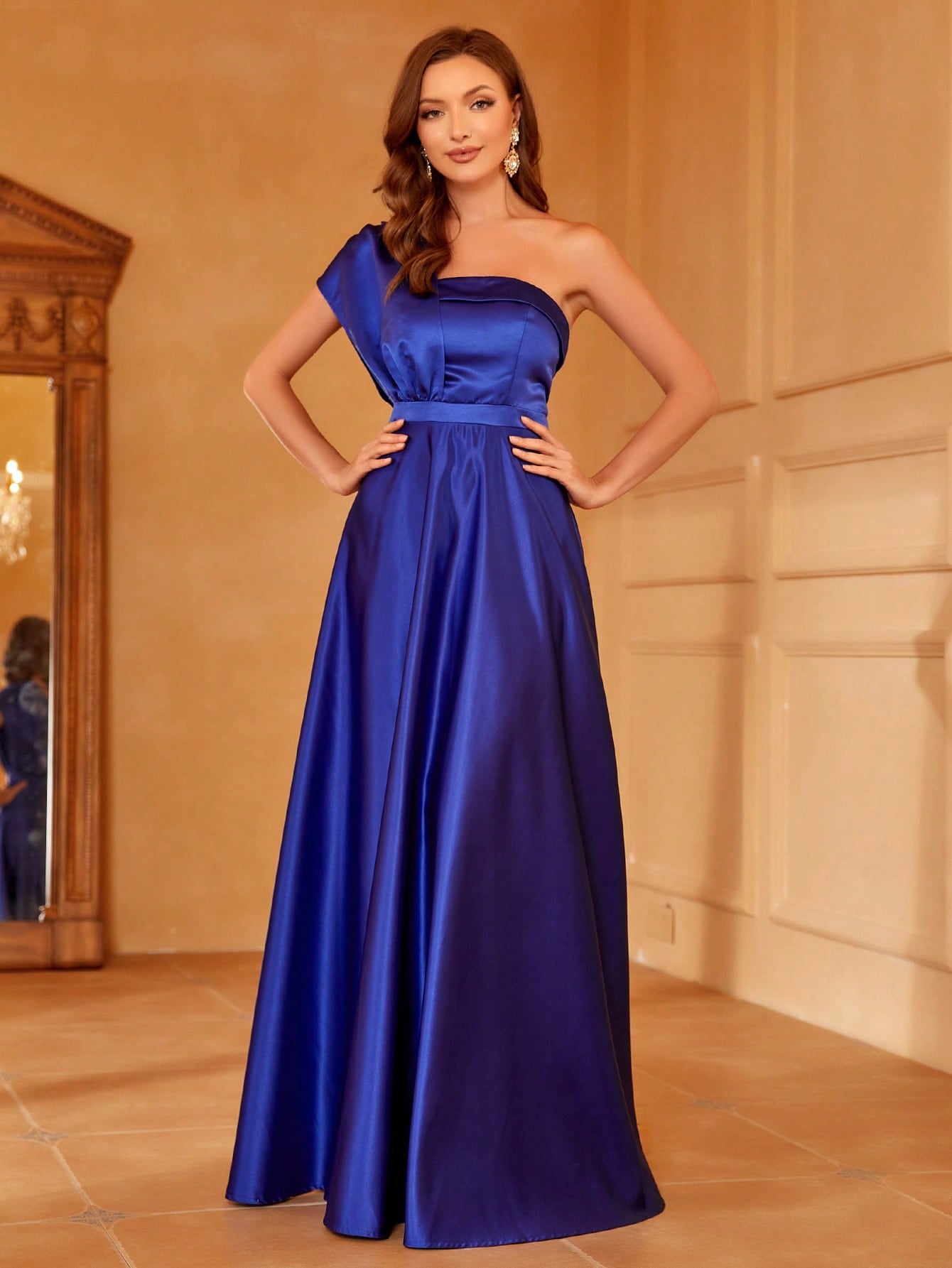 One Shoulder Sleeveless Satin A line Dress