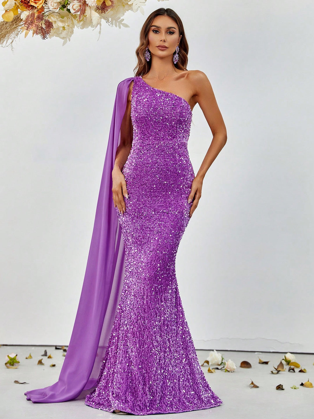 Elegant Sequin One Shoulder Sash Prom Dresses