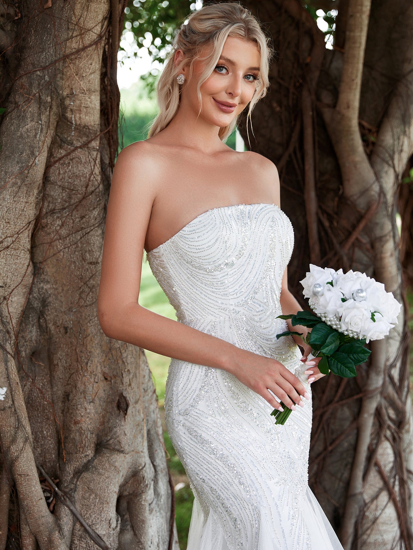 Elegant Mesh Insert Mermaid Hem Sequin Tube Wedding Dresses