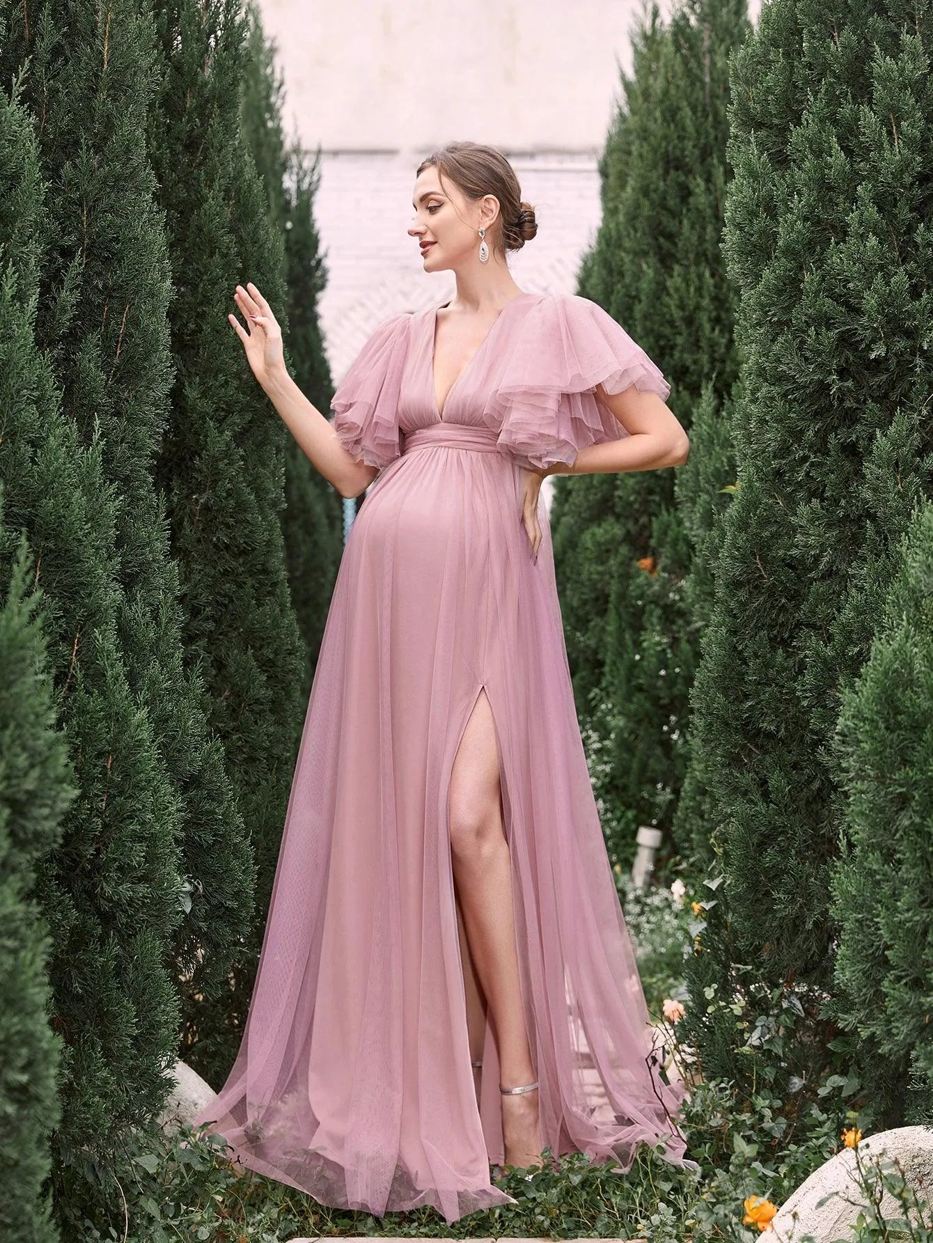 Maternity V Neck Layered Ruffle Sleeves Split Prom Dress