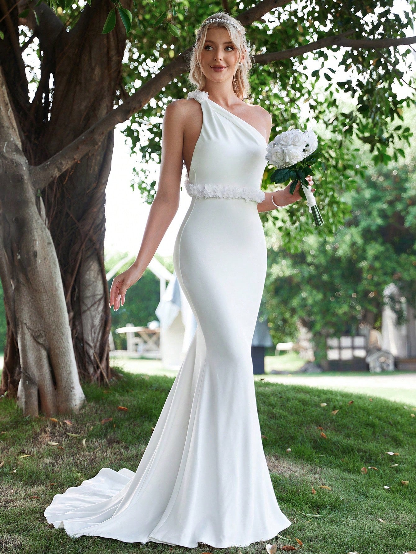 One Shoulder Backless Floral Applique Mermaid Hem Wedding Dress