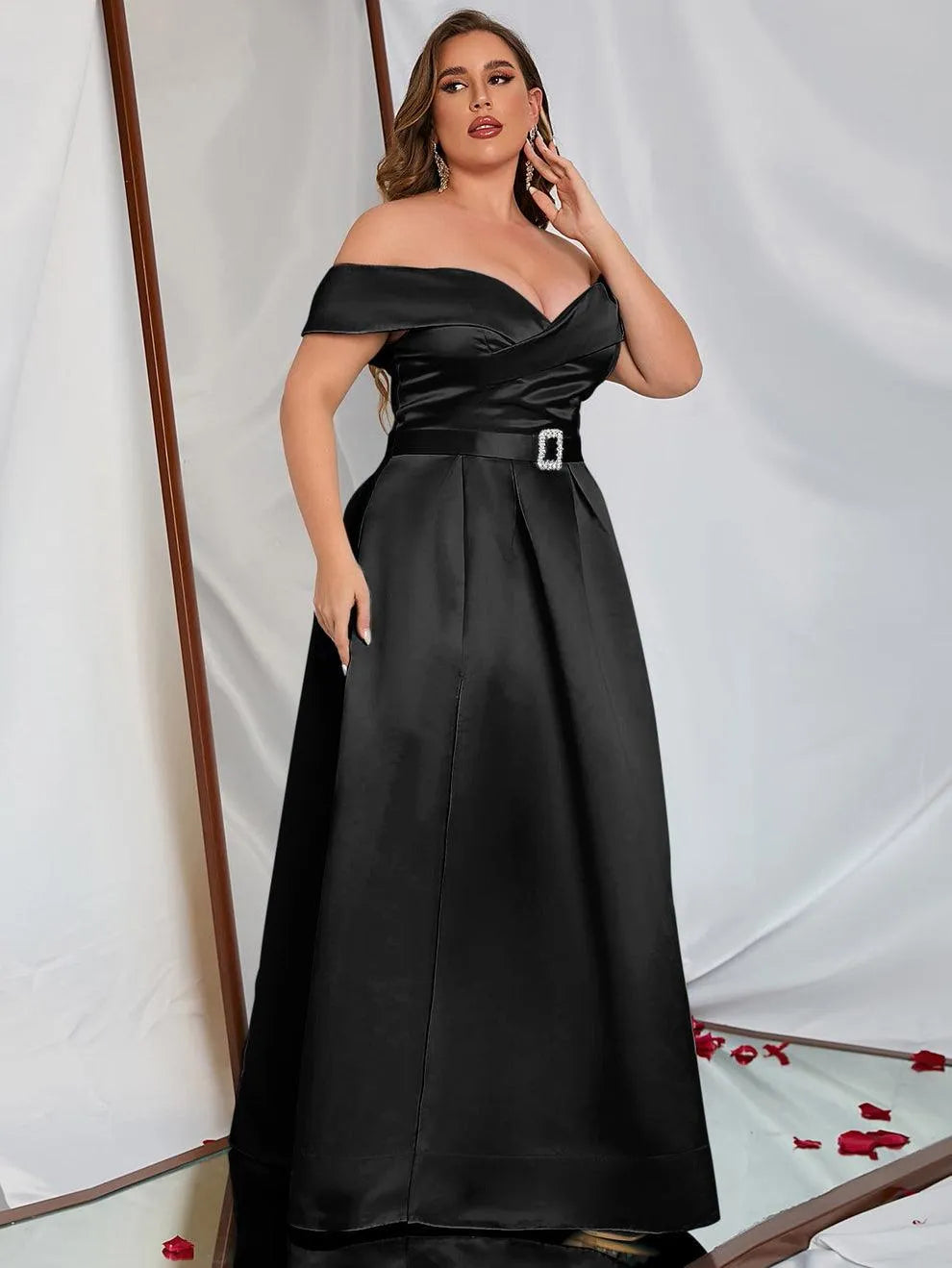 Plus Off Shoulder Buckle Belted Satin Ball Gown