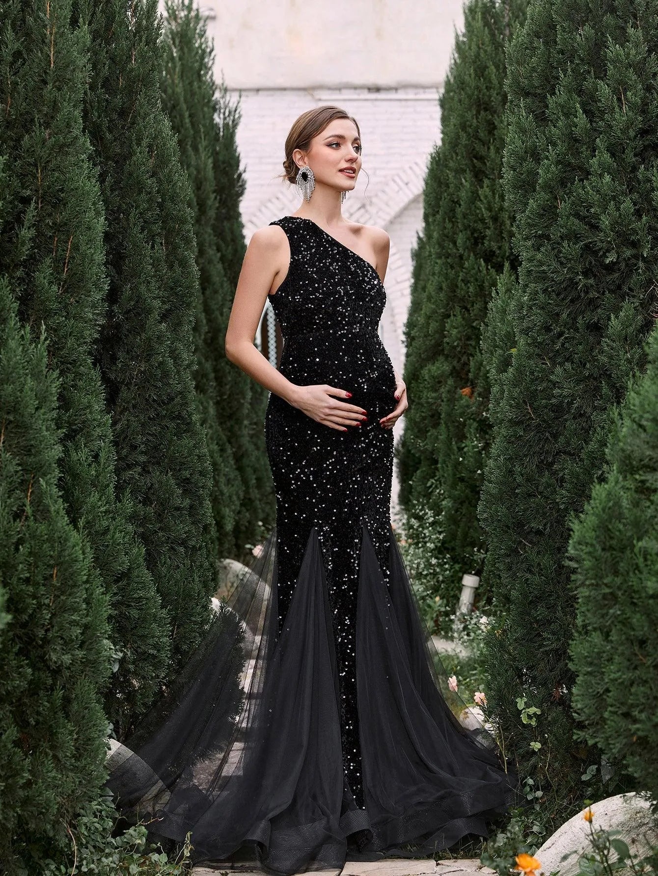 Maternity One Shoulder Mesh Mermaid Hem Sequin Dress