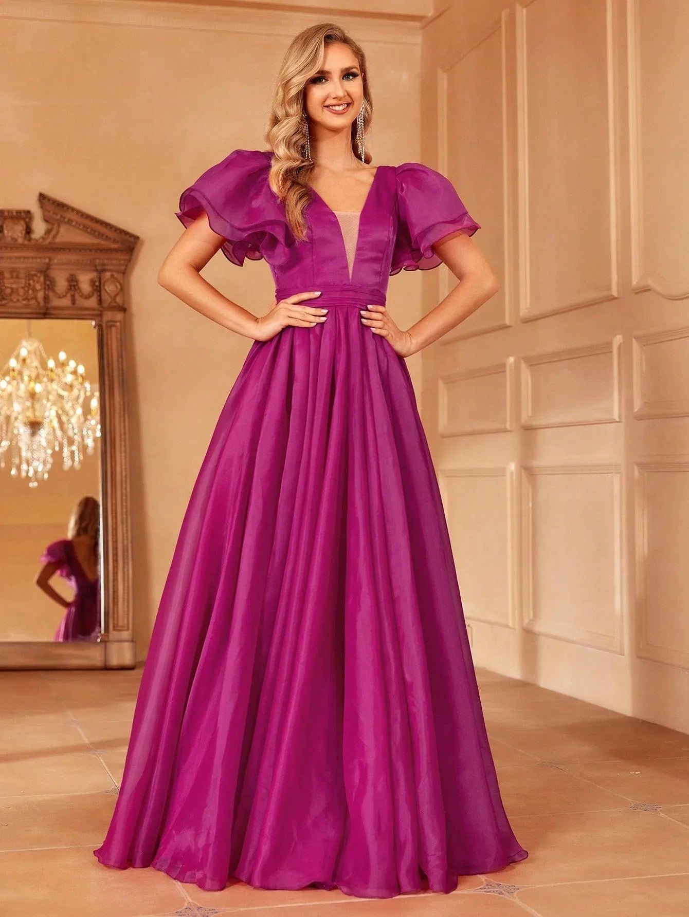 Backless Layered Sleeves Organza Prom Dress