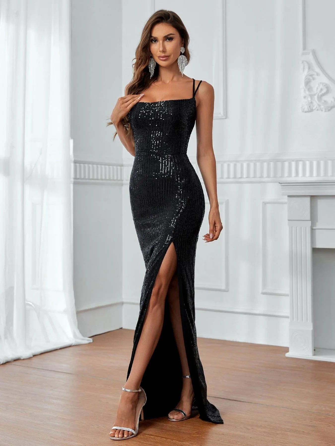 Elegant Backless Split Thigh Sequin Cami Party Dress