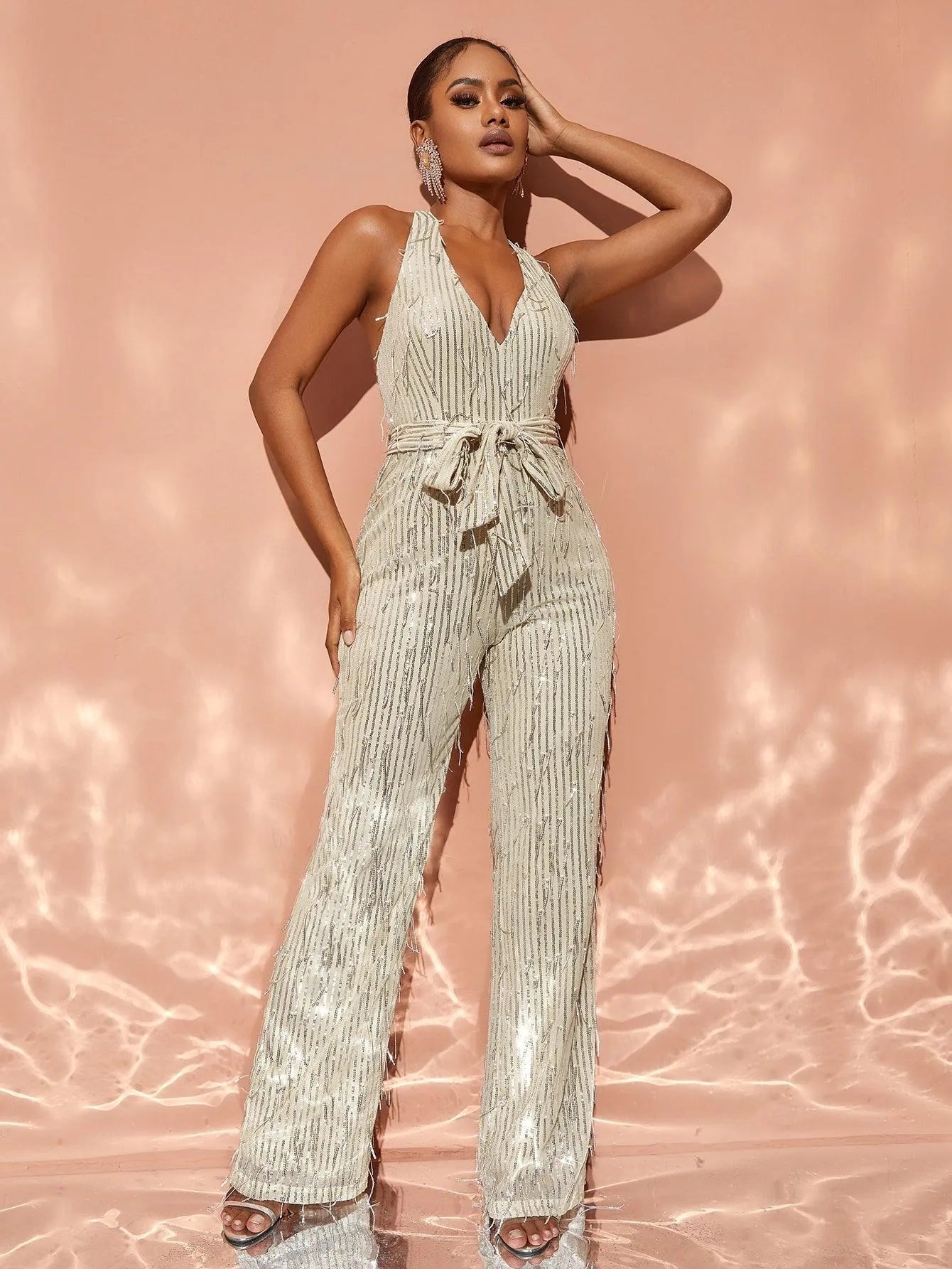 Chic Halter Neck Backless Sequin Belted Jumpsuit