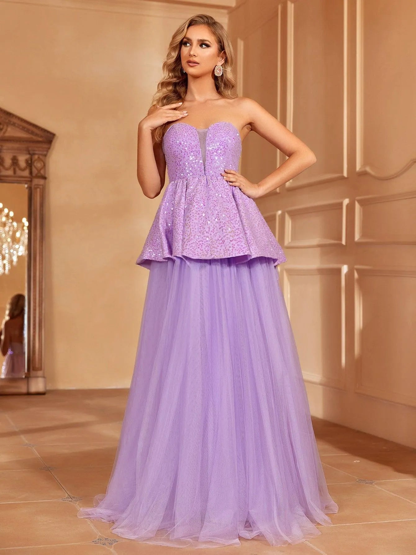 Sequin Bodice Contrast Mesh Hem Tube Prom Dress