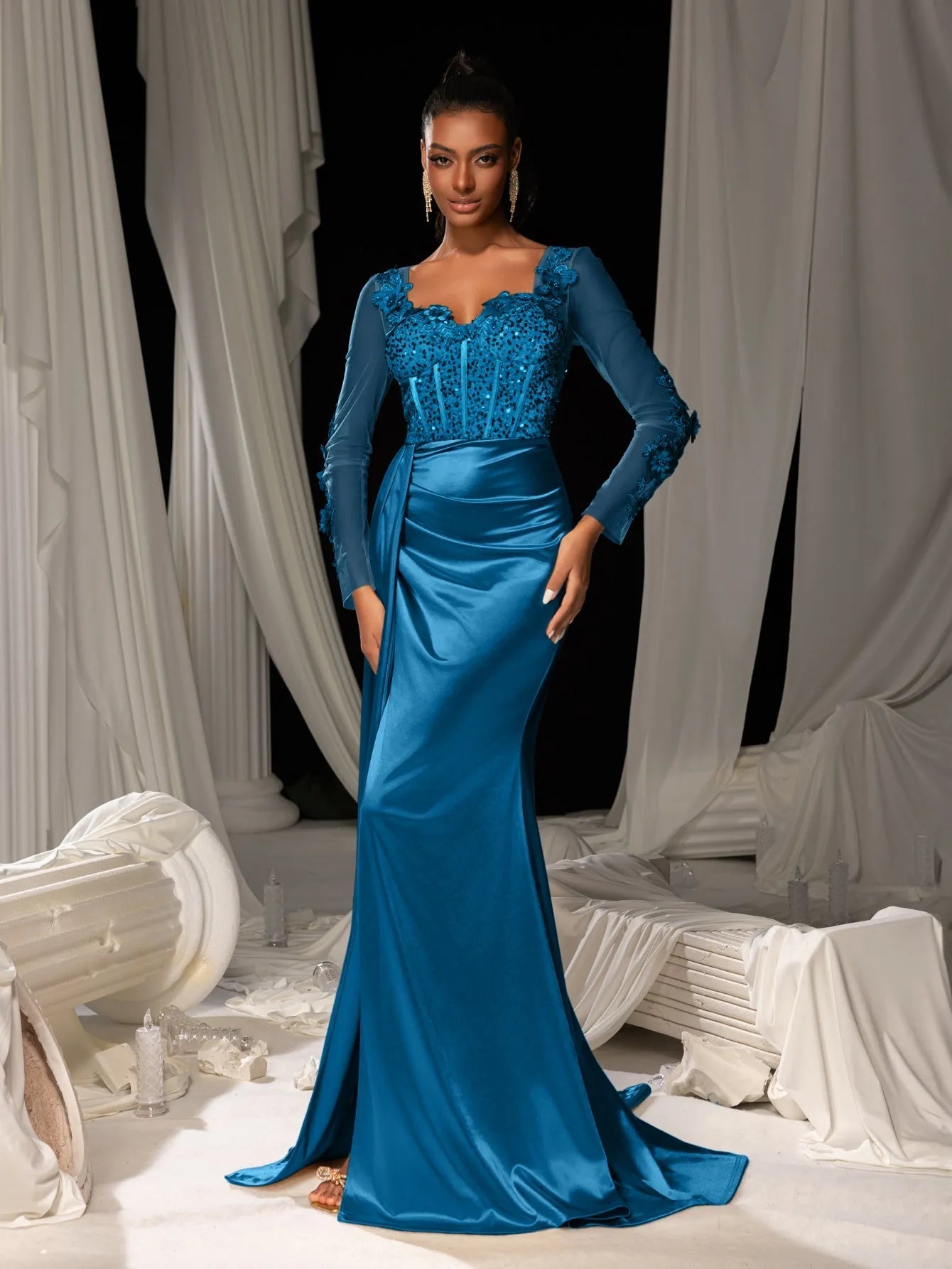 Elegant Sequin Bodice Sheer Sleeves Mermaid Hem Satin Evening Dress