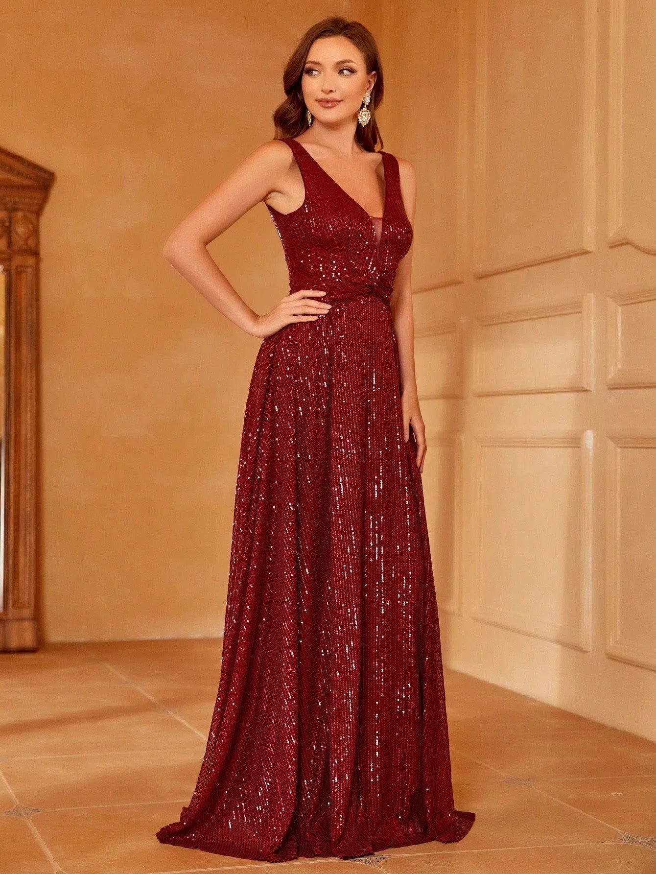 Plunging Neck Backless Sequin A-line Prom Dress