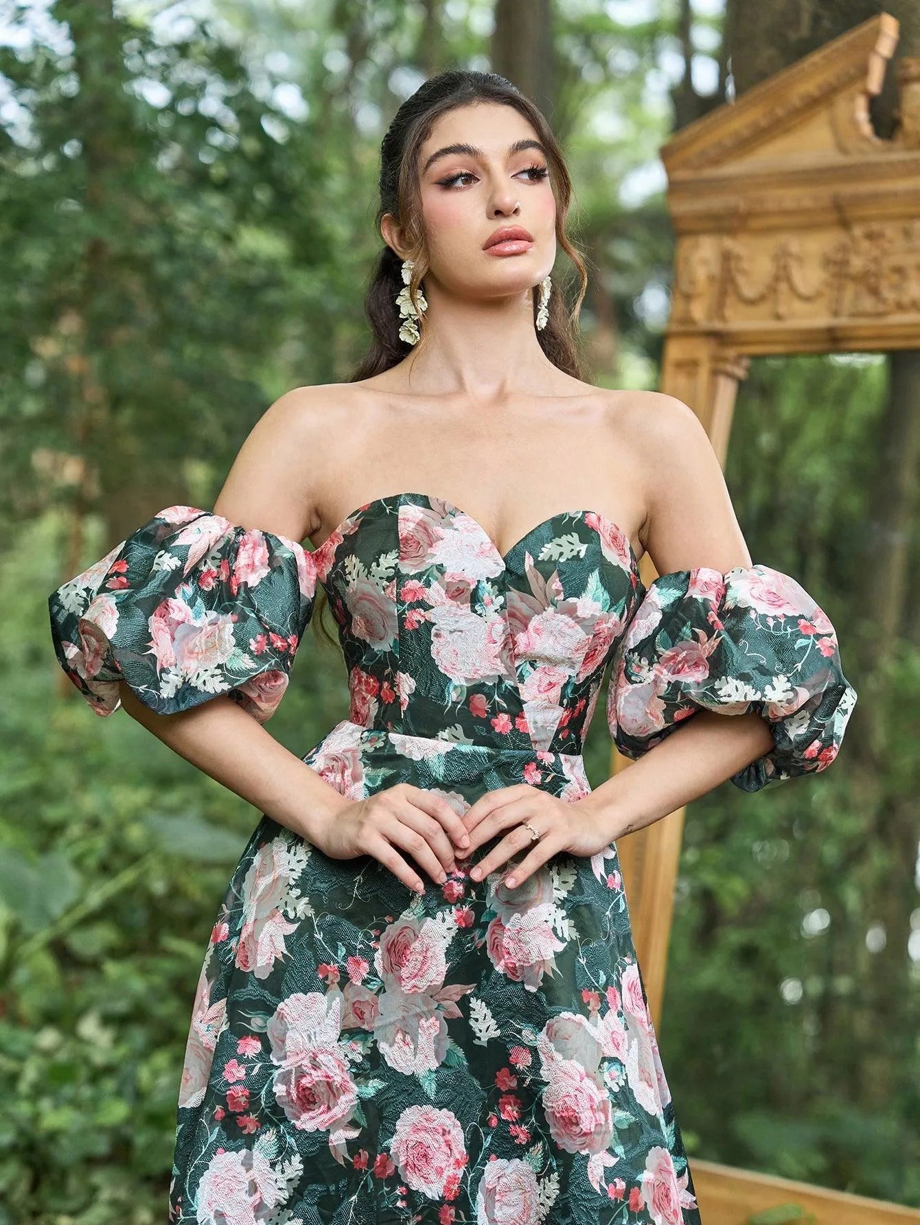 Floral Jacquard Off Shoulder Puff Sleeves Prom Dress